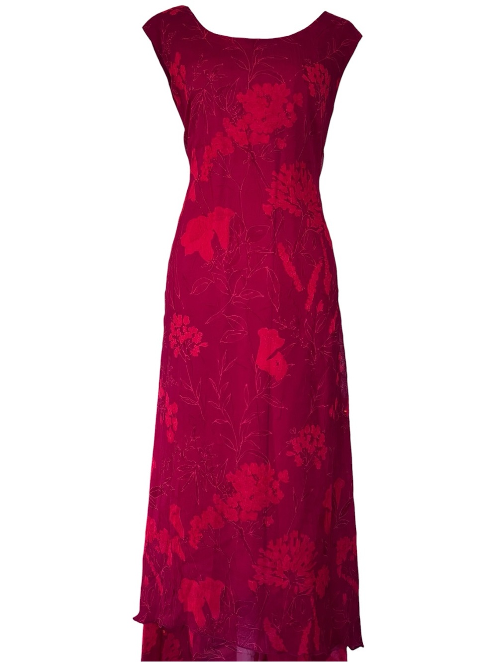 Melissa Harper Red Floral Chiffon Asymmetrical Hem Midi Maxi Dress Size 16